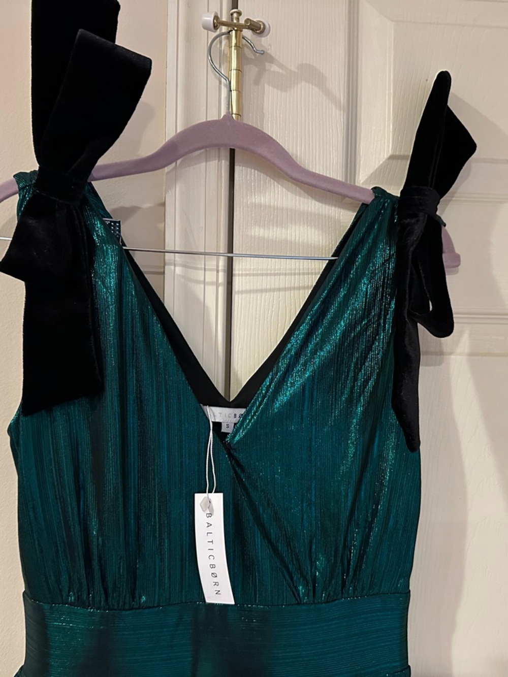 Baltic Born Teal-Green Metallic Maxi Dress with Black Velvet Ties